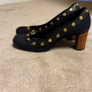 Tory Burch Black Heels with Gold Logo Accents